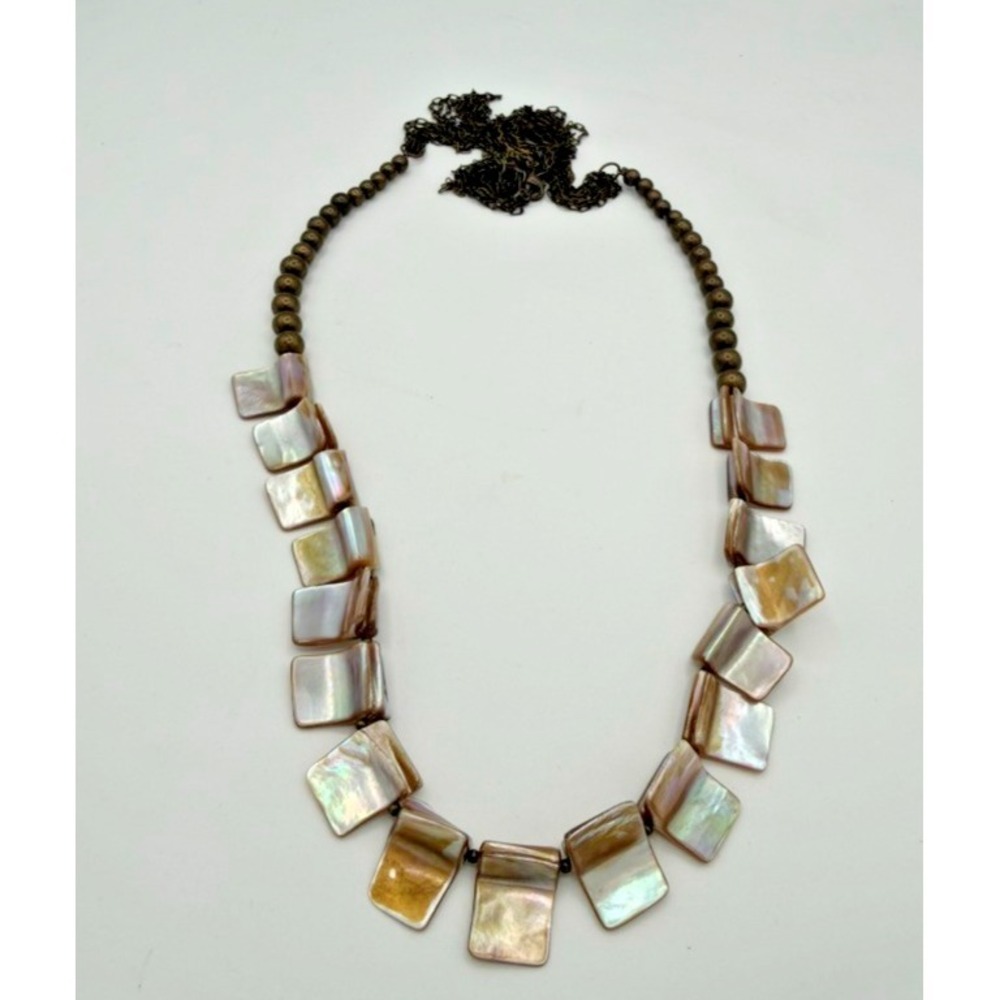 Long Boho Statement Necklace Mother of Pearl Squares Bronze Chain Beads